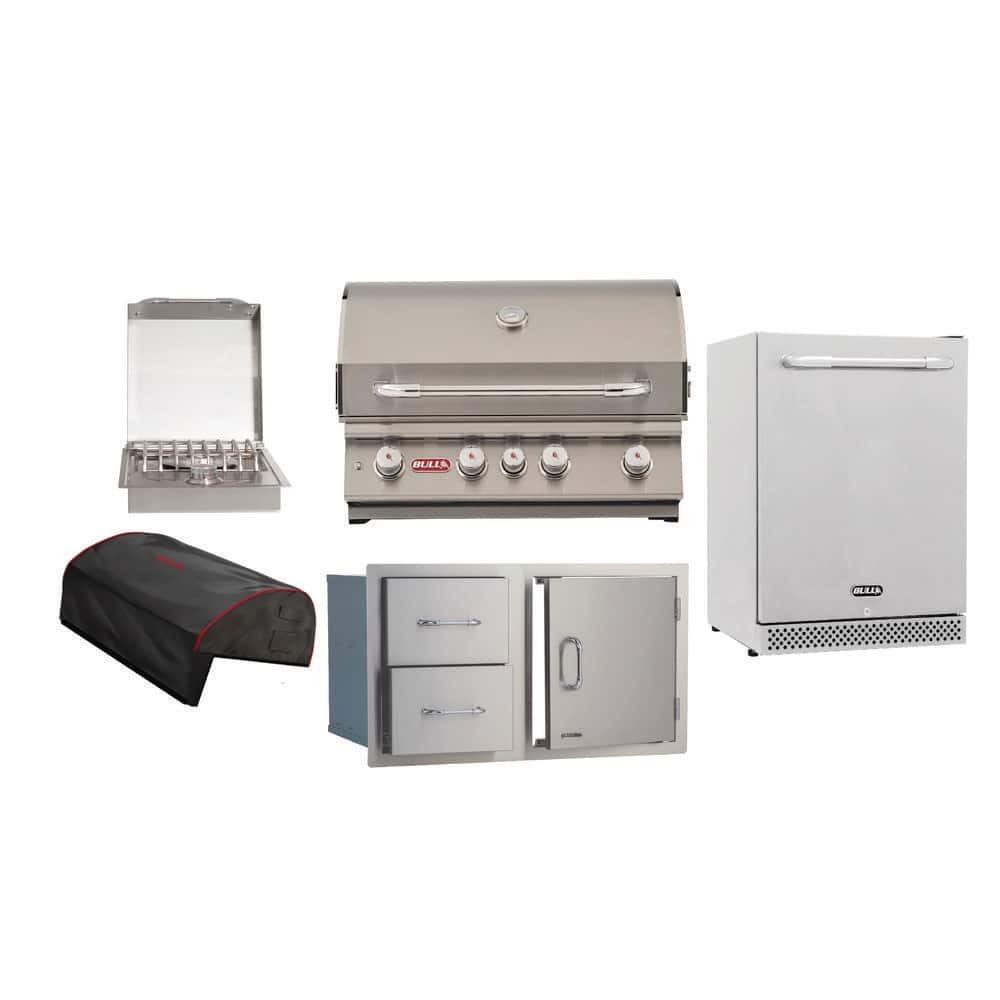 Angus 4-Burner Built-In Natural Gas Grill 30 in Stainless Steel with Grill Cover, Door and 2-Drawer Combo & Fridge