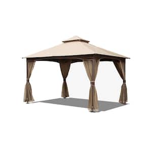 13.6 ft. x 9.75 ft. Khaki Outdoor Double Roof Soft Top Patio Gazebo with Mosquito Netting
