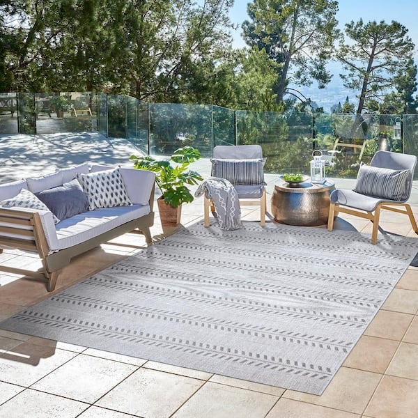 Paseo Moran Stripe Ash/Steel 9 ft. x 13 ft. Striped Indoor/Outdoor Area Rug