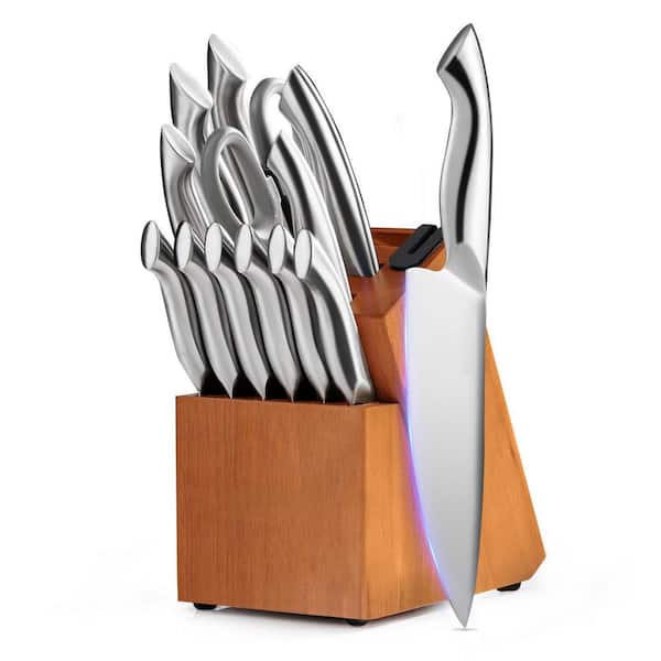 14-Piece Stainless Steel German Knife Set with Block and Built-in Knife Sharpener, Dishwasher Safe, Curved Handle