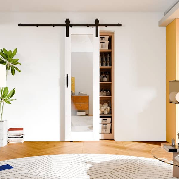 24 in. x 80 in. 1-Lite Mirrored Glass Panel White Primed Pine Wood Barn Door Slab with Full Barn Door Hardware Kit Set