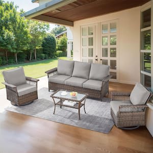 StLouis Brown 4-Piece Wicker Patio Conversation Set with Gray Cushions