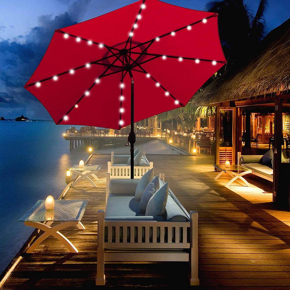 Red 9 ft LED Lighted Patio Umbrella with Stainless Steel Pole