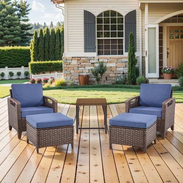 Kelsey Blue 5-Piece All-Weather Brown Wicker Outdoor Lounge Chairs with Ottomans and Side Table