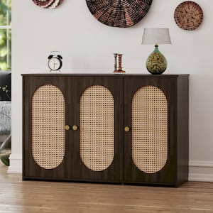 Brown Wood 48.8 in. Sideboard with 3 Rattan Doors and Metal Handles