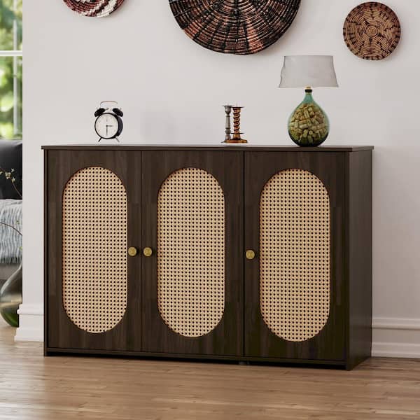 Harper & Bright Designs Brown Wood 48.8 in. Sideboard with 3 Rattan Doors and Metal Handles