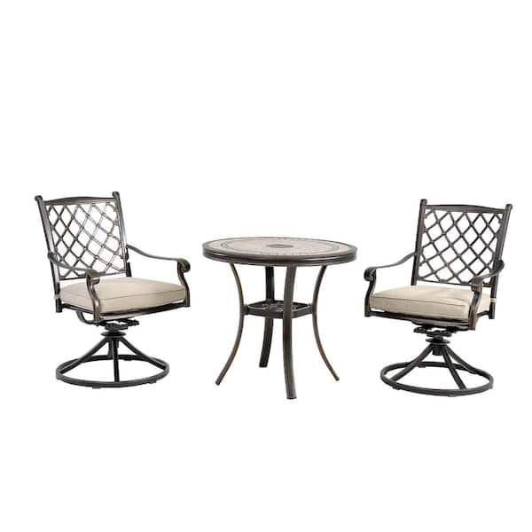 Mondawe Charcoal Gray 3-Piece Cast Aluminum Round Tile-Top Table Outdoor Dining Set and Backrest Swivel Chairs w/Beige Cushions