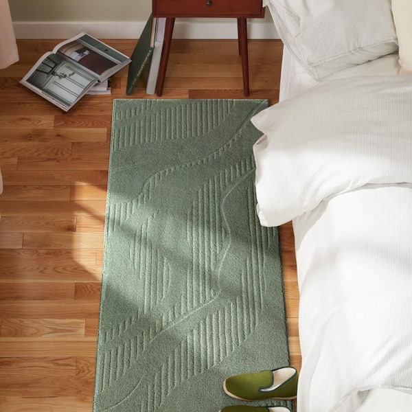 2 ft. x 7 ft. Sage Green Lane Painterly Wave Washable Indoor Polyester Runner Rug