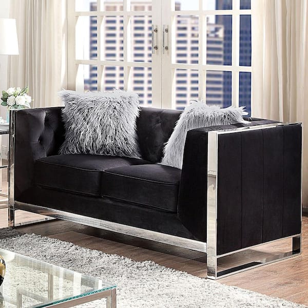 Furniture of America Jagoro 58.75 in. Black Polyester 2-Seater Loveseat with Button Tufting and Care Kit