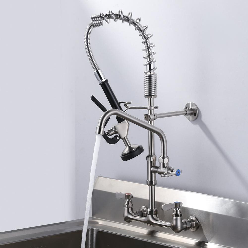 Brushed Nickel Wall Mount Commercial Kitchen Faucet with Pull Down Spray