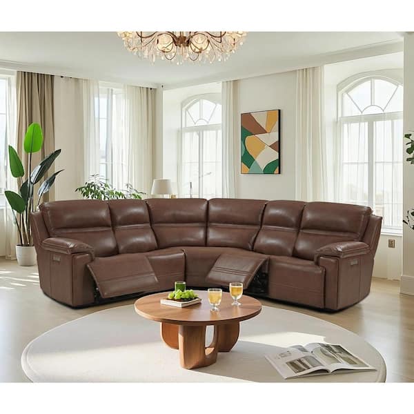 Vic 108 in 5-Seaters Genuine Leather Dual Power Reclining Sectional Sofa, 1 Power armless chair in LightBrown