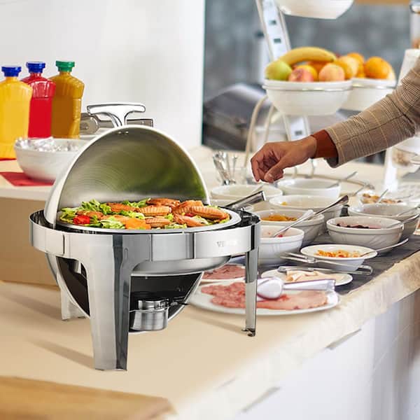 Roll Top Chafing Dish Buffet Set 6 qt. Stainless Steel Chafer with 2 Full Size Pans Round Chafing Dishes, 2 Pack