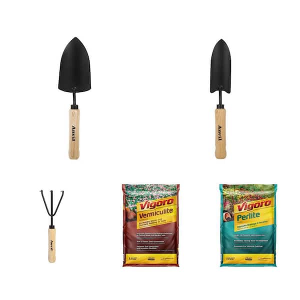 5-2/5 in. Wood Handle Garden Tool Set with 8 Qt. Organic Vermiculite and Perlite Soil Amendment