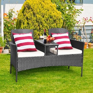 3-Pieces Rattan Wicker Patio Conversation Set with Table Steel Frame with White Cushion