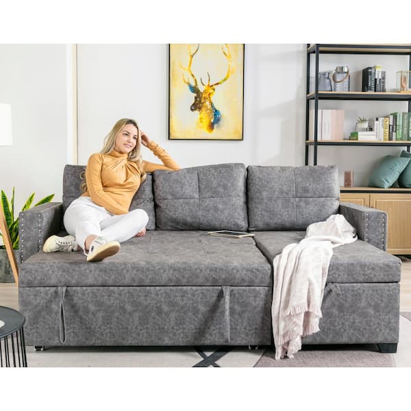 absorberende reform Moderat 84 in. Width Gray Striped Polyester Full Size Sofa Bed with Storage Chaise  Lounge and Usb ports DSCSDCAALYY1 - The Home Depot