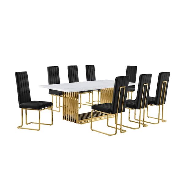 Lisa 9-Piece Rectangle White Marble Top Gold Stainless Steel Dining Set With 8-Black Velvet Gold Chrome Iron Chairs