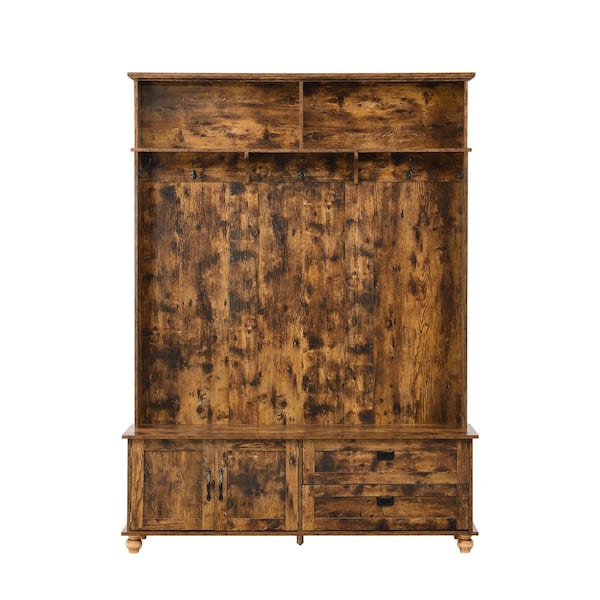 URTR Modern Brown Hall Tree with Storage Cabinet, Shelves and Drawers Mudroom Entryway Coat Rack with Storage Bench and Hooks