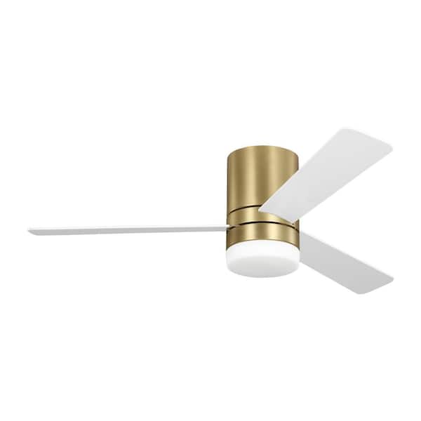 Generation Lighting - Era 52 in. Burnished Brass Standard Flush Mount Hugger Indoor/Outdoor Ceiling Fan with White Blades, Wall Mount Control