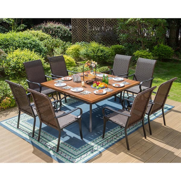 PHI VILLA 9-Piece Metal Patio Outdoor Dining Set with Square Brown Table and Curved Armrest High-Back Rattan Chairs