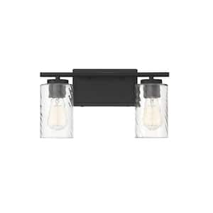 15 in. W x 8.26 in. H 2-Light Matte Black Bathroom Vanity Light with Clear Cylinder Glass Shades