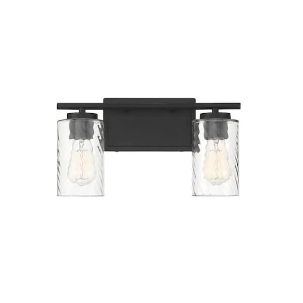 Savoy House 15 in. W x 8.26 in. H 2-Light Matte Black Bathroom Vanity Light with Clear Cylinder Glass Shades