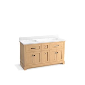 Charlemont 60 in. W x 22in. D x 36 in. H Double Sink Bath Vanity in Light Oak with White Quartz Top and Backsplash