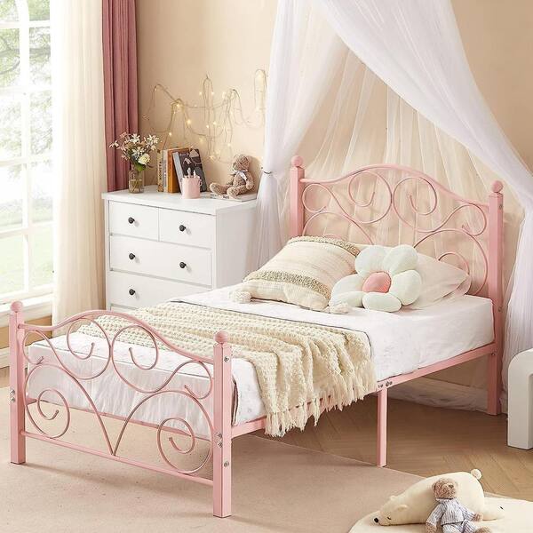 VECELO Twin Size 2 Piece Metal Platform Bed Frame Set No Box Spring Needed Pink Style 7 2 KHD YT T16 PNK
