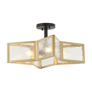 19.5 in. 4-Light Brass Gold Modern Geometric Semi-Flush Mount Ceiling Light with Glass Shade