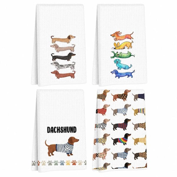 Multi Dachshund Pattern Microfiber Waffle Weave Kitchen Towels, Reusable Absorbent Set of 4, 24 in. x 14 in.