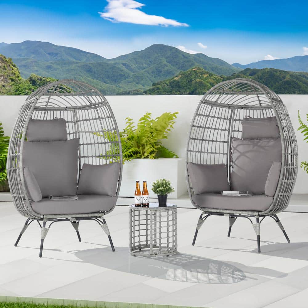 3-Piece Patio Wicker Egg Chair Outdoor Bistro Set with Side Table, with Lig