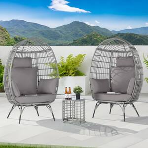 3-Piece Patio Wicker Egg Chair Outdoor Bistro Set with Side Table, with Light Gray Cushion
