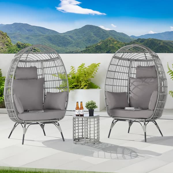 SANSTAR 3-Piece Patio Wicker Egg Chair Outdoor Bistro Set with Side Table, with Light Gray Cushion