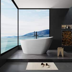 55 in. Acrylic Freestanding Flatbottom Single Slipper Soaking Bathtub in White with Brass Drain