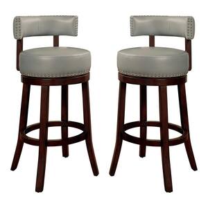 Swarthmore 30 in. Dark Oak and Gray Low Back Wood Swivel Bar Stool with Faux Leather Seat (Set of 2)