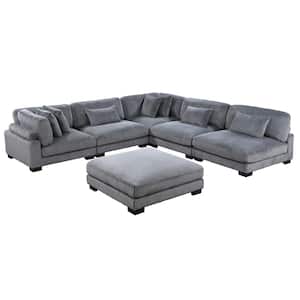Turbo 135 in. Straight Arm 6-Piece Corduroy Fabric Modular Sectional Sofa in Gray with Ottoman