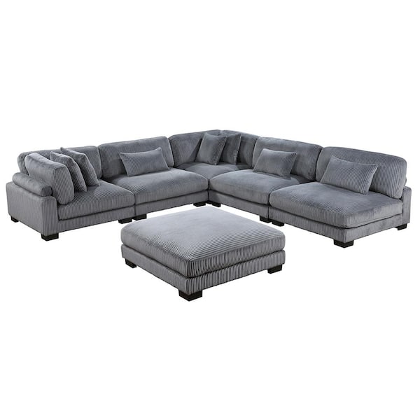 Lazzara Turbo 135 in. Straight Arm 6-Piece Corduroy Fabric Modular Sectional Sofa in Gray with Ottoman