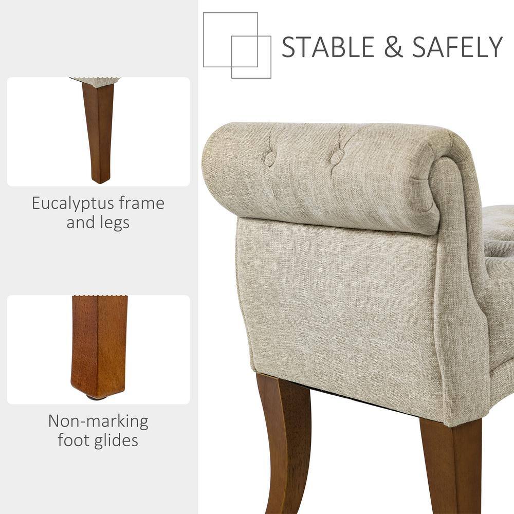 Elegant Beige Linen Tufted Bedroom Bench with Rounded Arms