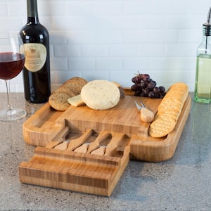 Cheese Board Set with Wine opener and Cutlery in Slide-Out Drawer Including 2 Stainless Steel Serving Utensils Perfect Charcuterie Board and Serving Tray for Entertaining-picnic or Gift Giving brown 