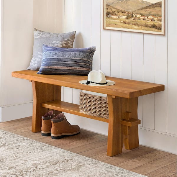 47 in. W Solid Elm Wood Dark Wood Entryway Bench Backless Dining Bench with Storage Shelf for Dining Room (Set of 1)