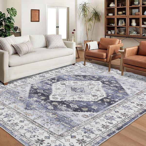 Retro Carpet Blue Gray 5X7ft Machine Washable Printed Time-delay Short Pile Non-slip Rug Soft Foldable Indoor Rug