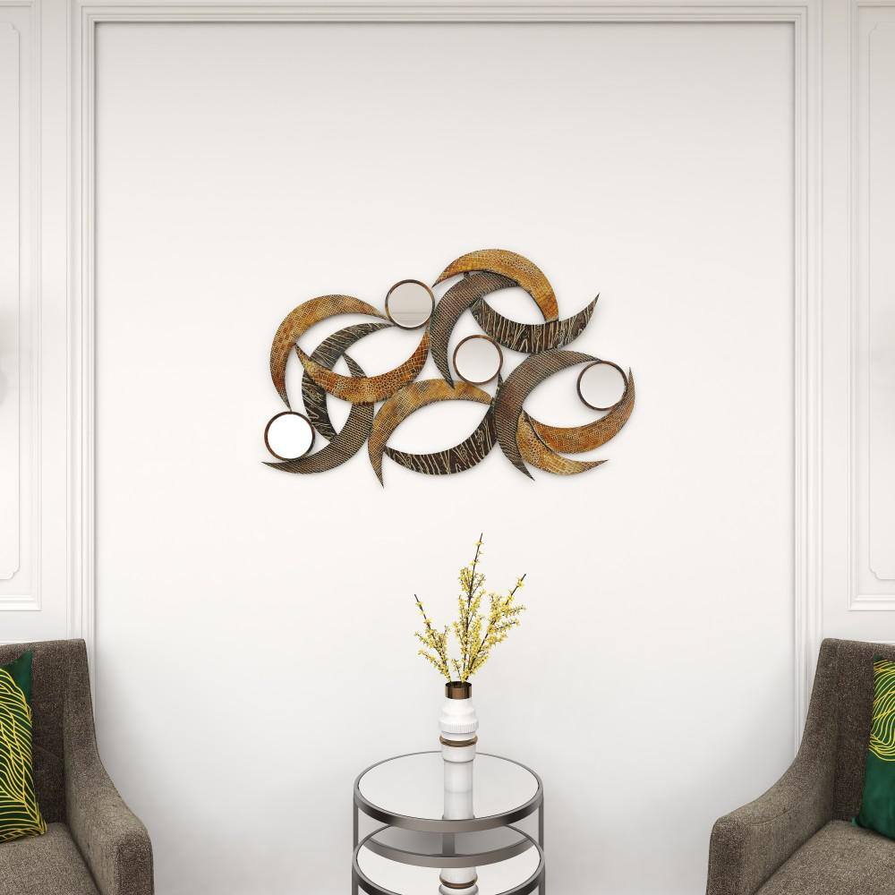 Beige and Brown Metal Crescent Moon Wall Sculpture with Mirrors