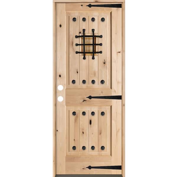 Krosswood Doors 32 in. x 80 in. Mediterranean Knotty Alder Square Top Unfinished Wood Right-Hand Single Inswing Prehung Front Door
