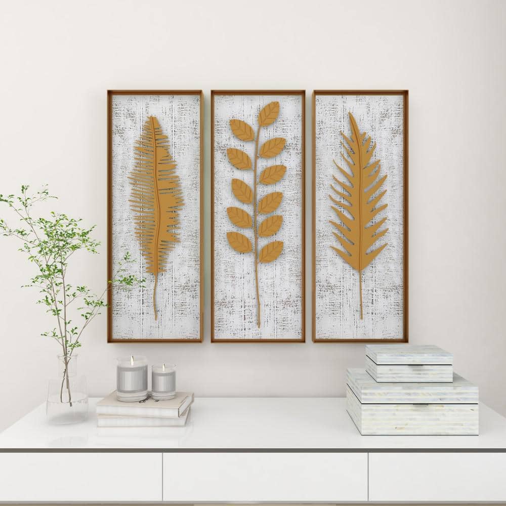Gold and White Rectangular 3D Leaf Wall Sculpture Set