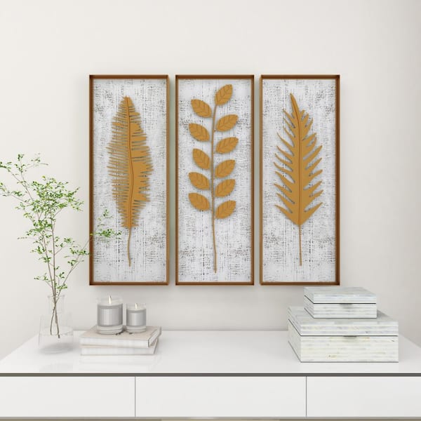 Litton Lane Metal Gold Framed 3D Leaf Wall Decor with Distressed Wood Backing (Set of 3)