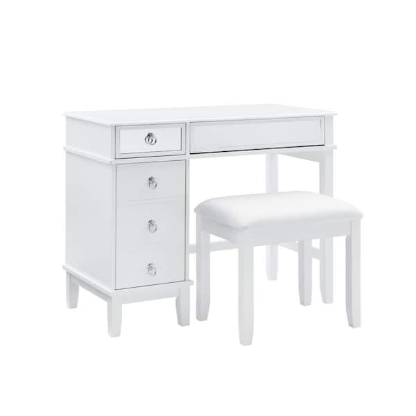 Linon Home Decor Eve White Gloss Vanity Set with Stool and Mirrored Accents