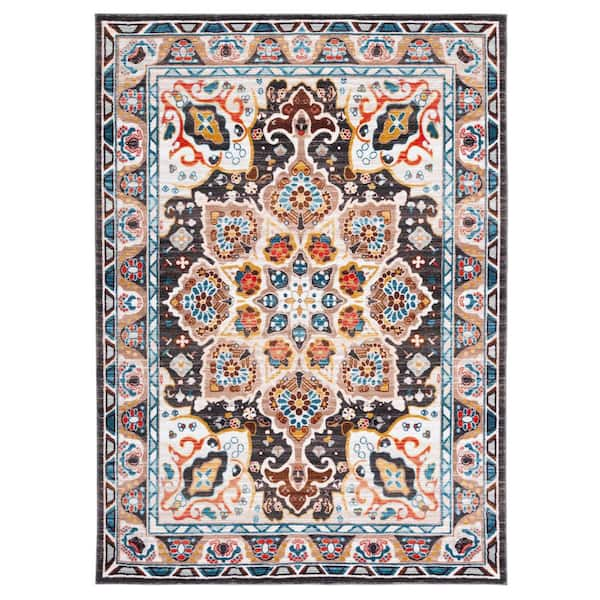 SAFAVIEH Riviera Beige/Charcoal 5 ft. x 8 ft. Machine Washable Medallion Border Area Rug