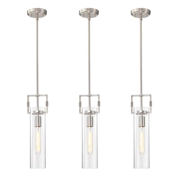1-Light Brushed Nickel Mini Pendant Light with Clear Cylindrical Glass Shade (3-Pack)