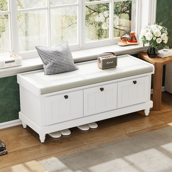 White Classic Storage Bench with Cushioned Seat and 3 Drawers (44 in. W x 15.9 in. D x 18.9 in. H)