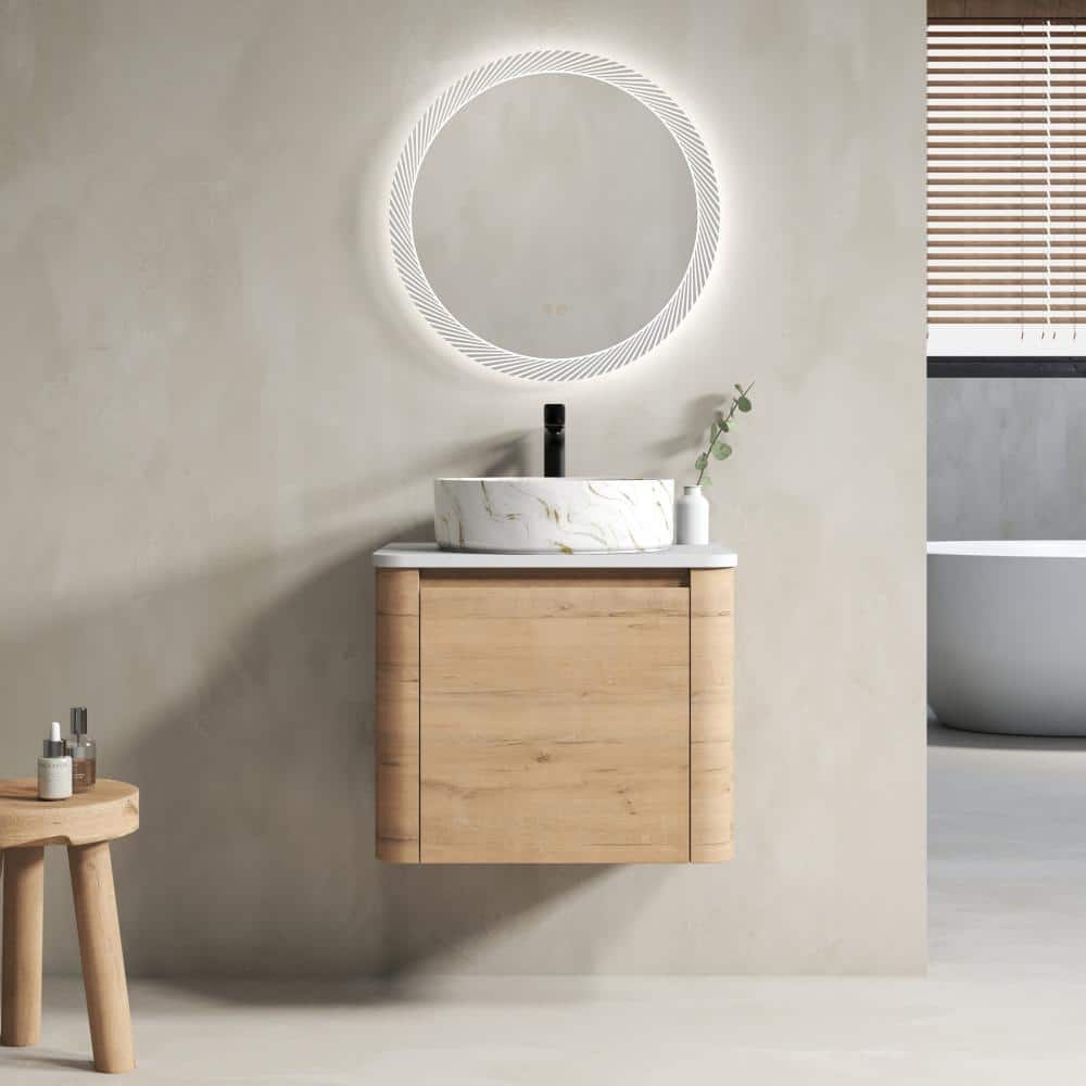 24 in.Single Sink Imitative Oak Wall-Mounted Bathroom Vanity With Ceramic Stone Slab Countertop,Soft-Close Door price history on PriceWatchPro