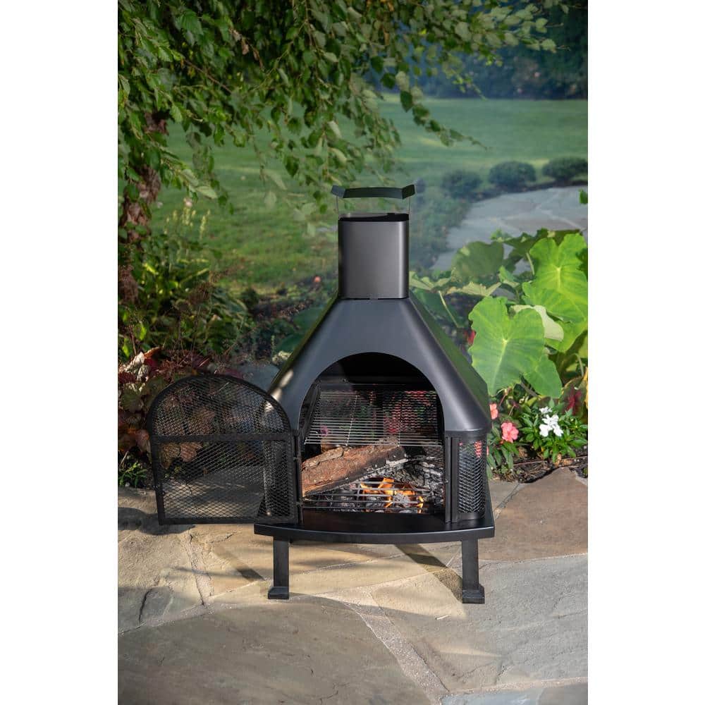 Black Steel Free-Standing Wood Burning Chimenea Fire Pit